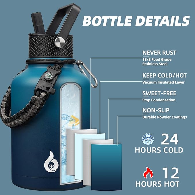 BJPKPK Insulated Water Bottles with Straw Lid, 50oz, 64oz, 87oz, 128oz Large Water Bottle with 3 Lids and Paracord Handle, Stainless Steel Metal Water Bottle, Insulated Water Jug,Vast