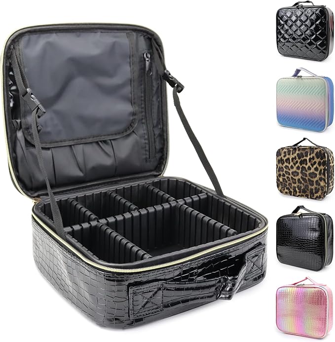 Travel Makeup Case 4 Layers Portable Makeup Train Case Cosmetic Bag Organizer Storage for Women with Adjustable Dividers and Shoulder Strap for Toiletry Travel Accessories(black)