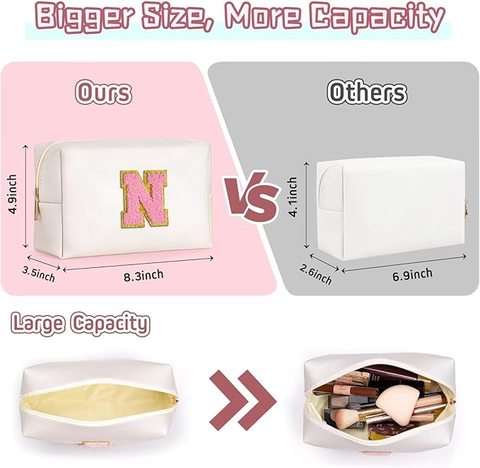 TOPEAST Initial Makeup Bags for Women, Personalized Portable Cosmetic Bag with Zipper, Cute Makeup Pouch, Bridesmaid Gifts for Wedding Day,Girl Trendy Stuff(Pearly White X)