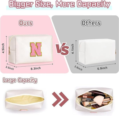 TOPEAST Initial Makeup Bags for Women, Cute Makeup Pouch, Waterproof Travel Toiletry Bag, Personalized Gifts for Girlfriend on Valentine's Day Anniversary, Preppy Stuff Gift for Girl (Pearly White W)