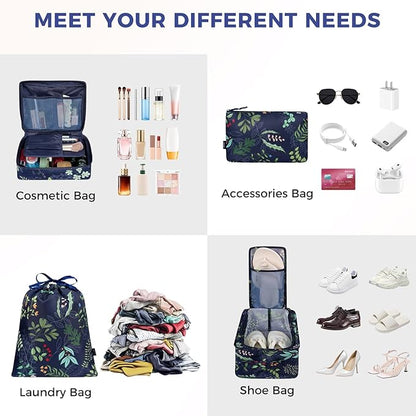 BAGAIL 8 Set Packing Cubes Luggage Packing Organizer Bags for Travel Accessories-Navy Leaf