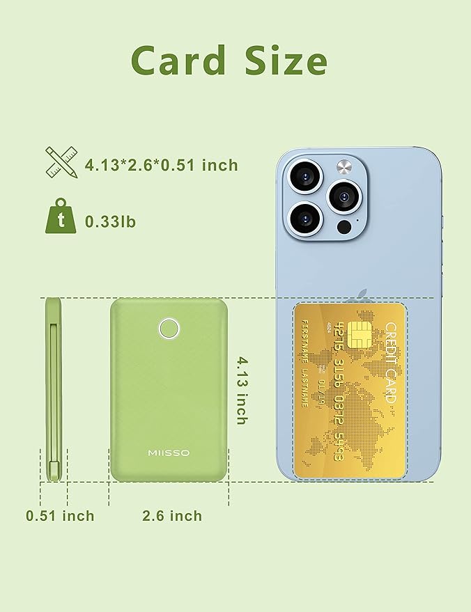miisso 6000mah Ultra Slim Built in Cables Power Bank, Card Size Built in USB C Cords Battery Pack Portable Charger for Phones, 3 Output External Battery Pack Compatible with iPhone, Deep Green
