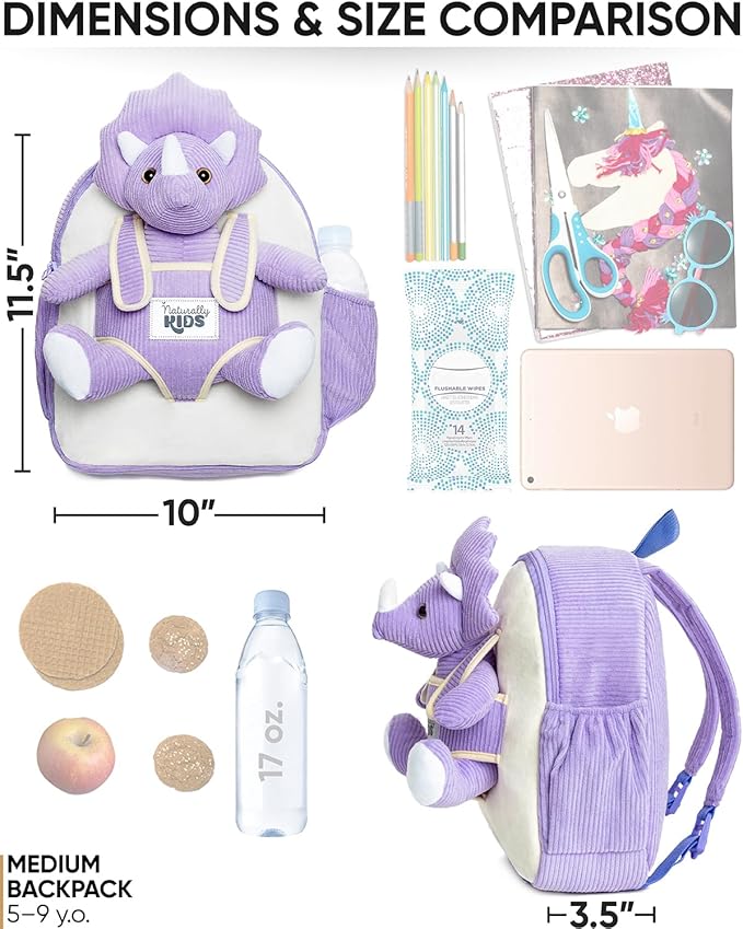 Naturally KIDS Purple Dinosaur Backpack for Girls 4-5, Triceratops Backpack, Dinosaur Gifts for 4-5 Year Old Girls