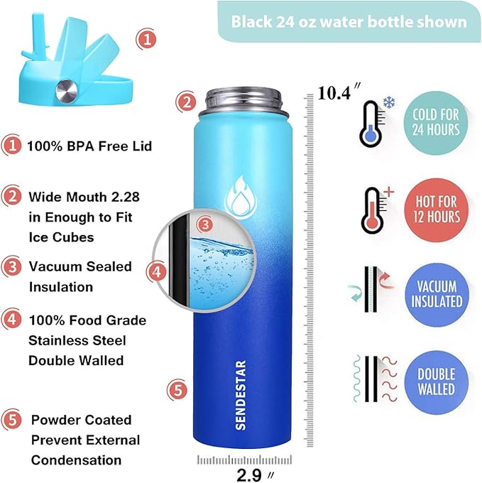 SENDESTAR Stainless Steel Wide Mouth Water Bottle 24oz Double Wall Vacuum Insulated Leak Proof Bottle with New Flex Straw Lid & Spout Lid XIN-MC-0750-1