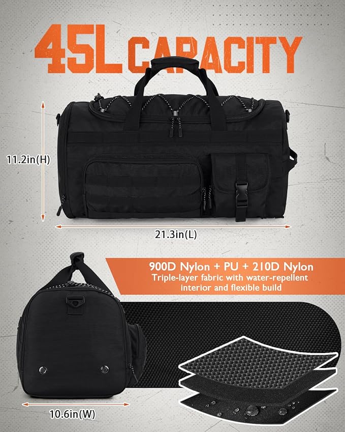 Gonex 45L Duffel Bag for Men, 3 in 1 Convertible Carry Gym Duffle with Shoe Compartment, Tactical Gear Loops, Water-Repellent Lining, Workout & Travel Bag (Black)
