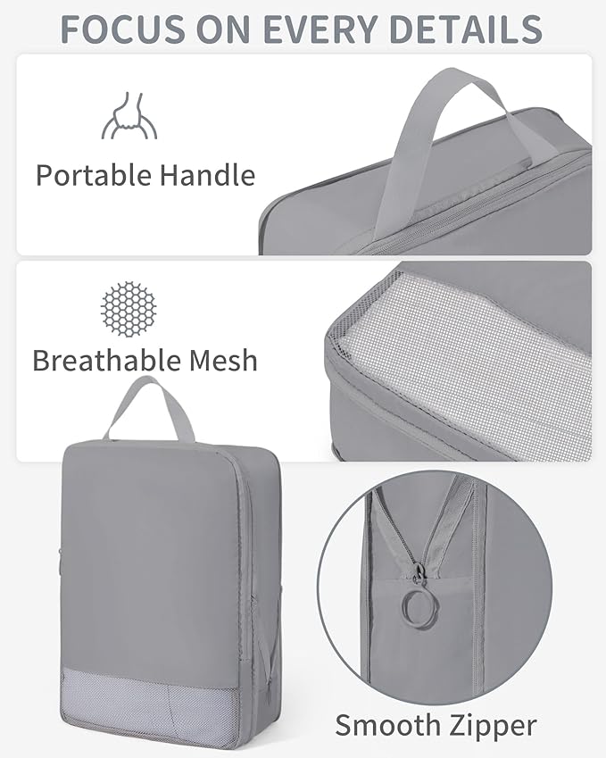 Compression Packing Cubes 11 Set, Expandable Suitcase Organizers, Gray Luggage Bags