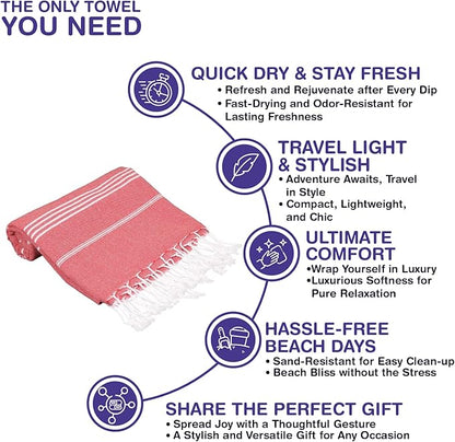 Turkish Beach Towels, Bulk Case of 12 | Oversized, Quick Dry, Sand Free | 100% Cotton, Large 38x71 Towels for Beach, Pool, Travel | Ultra-Soft, Compact, Absorbent | Red