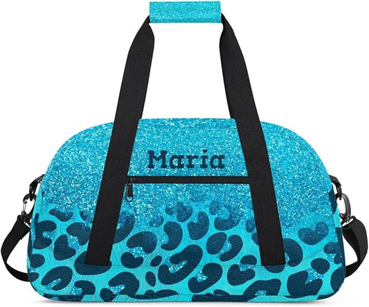 Personalized Kids Sports Duffel Bag with Name Custom Weekender Overnight Bag for Boys Girls Gym Bag Travel Dance Gymnastics Duffel Bag, Blue Glitter Leopard Print