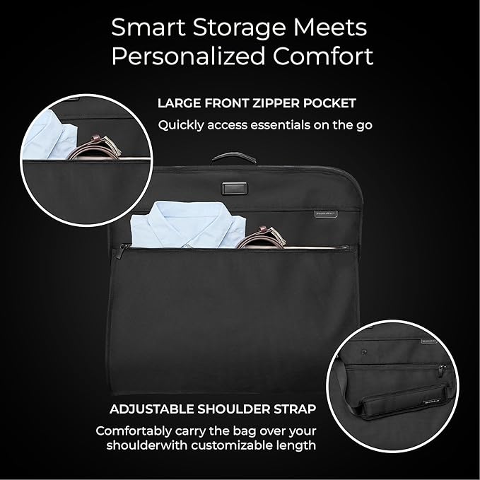 Briggs & Riley Classic Garment Bag for Hanging Clothes - Suit & Dress Travel Bag for Men & Women, Wrinkle Reducing Luggage for Shirts, Tuxedos, & Coats, Smooth Zipper - Baseline Collection, Black