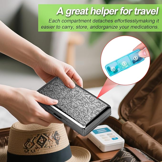 Pill Organizer, Pill Box 7 Day/Metal Travel Pill Case, BPA Free. (Black)