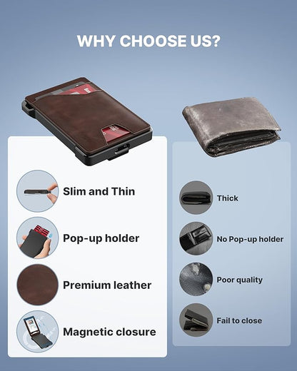 typecase Tactical Wallet for Men Card Holder: Pop Up Card Case, Genuine Leather, Smart, RFID Blocking, Slim, Minimalist, Thin, Front Pocket - 9-13 Card Capacitiy, ID Window, Money Clip (Brown)