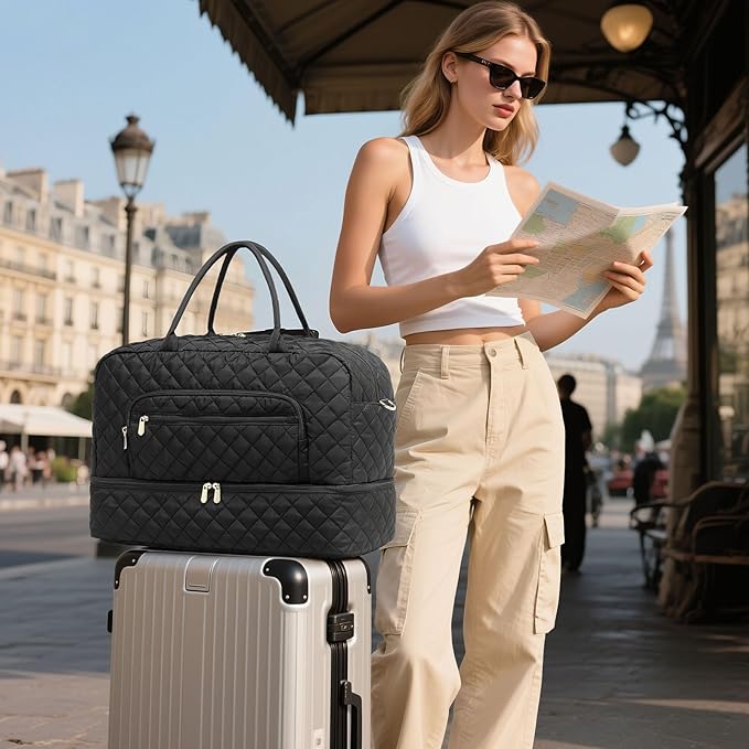 50L Large Travel Duffle Bag for Women, Weekender Overnight Bag W/Shoe Compartment+Wet Pocket+Toiletry Bag TSA Approved, Black