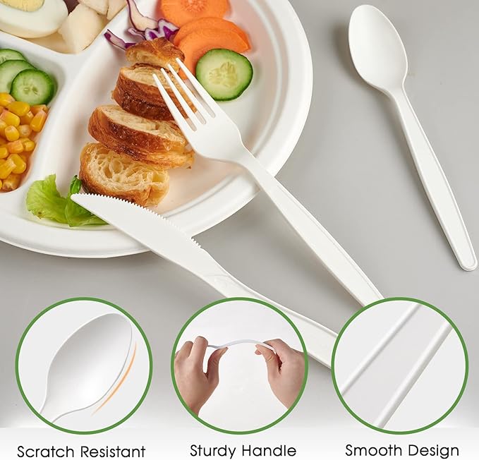 ECOLipak 350 Pcs Compostable Cutlery Set, 7 Inch Large Size Biodegradable Disposable Silverware Set 150 Forks 100 Spoons 100 Knives, Heavy Duty Bio based CPLA Utensils for Party, BBQ, Picnic