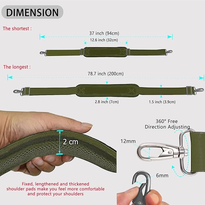ZINZ 79 inch Shoulder Strap, Extra-thick Fixed Cushion Pad and Dual Clasps Universal Replacement Strap with Metal Swivel Hooks for Laptop Bags, Luggage Bags, Camera, Crossbody(Army Green)