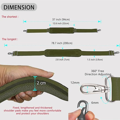 ZINZ 79 inch Shoulder Strap, Extra-thick Fixed Cushion Pad and Dual Clasps Universal Replacement Strap with Metal Swivel Hooks for Laptop Bags, Luggage Bags, Camera, Crossbody(Army Green)