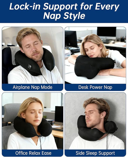 Neck Pillow for Traveling, 2-in-1 Air-Pump & Storage Bag, Inflatable Compact 360°Head Support Airplane Pillow for Travel,Train, Car - Black