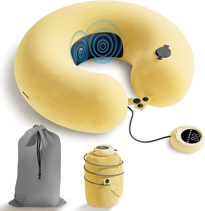 Inflatable Massage Travel Pillow – 6-Mode Adjustable Vibration, Soft Neck Support Cushion for Airplane, Car, Office & Home, Easy to Inflate & Carry