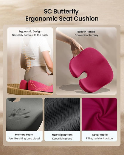 ProtoArc Seat Cushion, Office Chair Cushion for Sciatica, Coccyx Cushion, Ergonomic Memory Foam Seat Cushion for Car, Home, Pressure Relief Pad for Hip, Tailbone, All Day Comfort - Rose