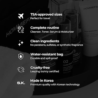 HOMMEFACE Men's First Class Skincare Essentials Travel Kit with Toiletry Bag, 4 Pieces - TSA Approved with Daily Face Wash, Spray Toner, Serum & Moisturizer