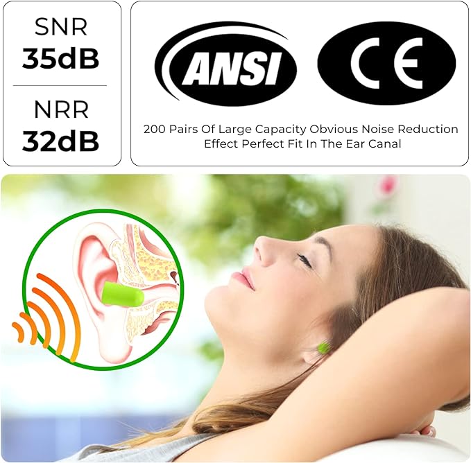 200Pairs Foam Earplugs, 32dB Disposable Noise Reduction Ear Plugs, Hearing Protection Bulk Ear Plugs for Shooting Range, Work, Travel,Concert Green