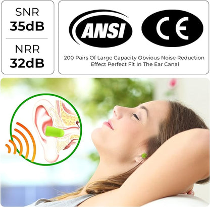 200Pairs Foam Earplugs, 32dB Disposable Noise Reduction Ear Plugs, Hearing Protection Bulk Ear Plugs for Shooting Range, Work, Travel,Concert Green