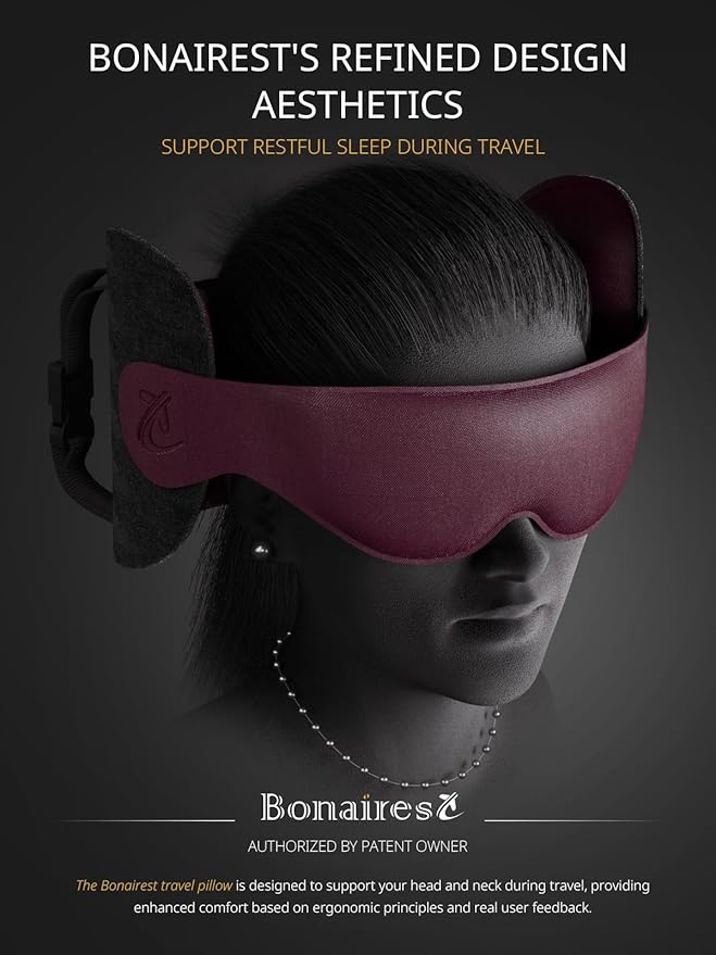 Travel Pillow, Airplane Neck Pillow for Long Flight, Oversized Head Strap with 3D Eye Mask for Sleep, 360°Support Headrest, Stop Bobblehead, Ultimate Travel Essentials for Men Women Red