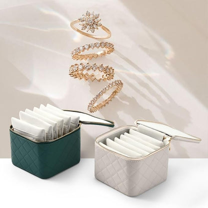 Travel Jewelry Box Organizer - Small Jewelry Case with 6 Small Velvet Zipped Pouches Pockets for Jewelry Necklaces Rings Earrings Storage(White)