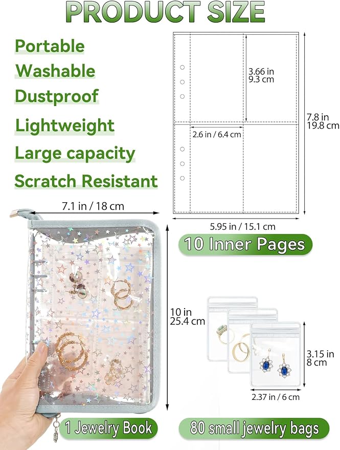 Jewelry Organizer Case Travel Clear Earring Organizer Case Transparent Jewelry Storage Book (Light blue, With 80 Pcs small Jewelry Pouches)