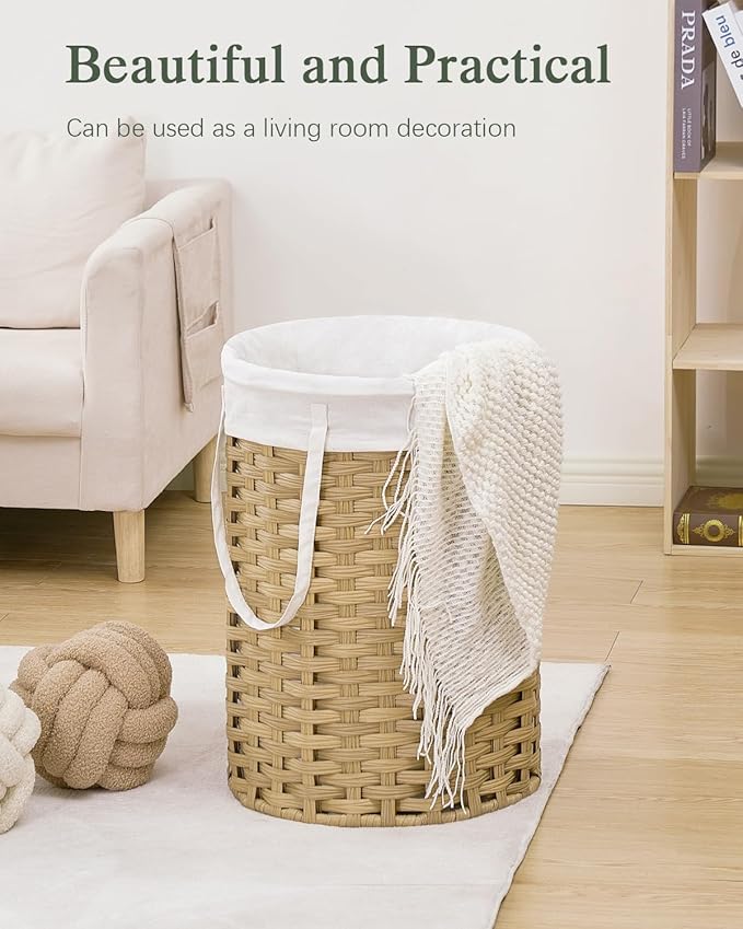 Laundry Hamper Laundry Basket Round 19.0 Gal (72 L) Handwoven Rattan Hamper, Large Wicker Hamper Basket with Removable Liner Bag Handles 2 Mesh Bags for Bathroom Living Room Natural