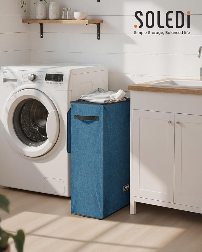 SOLEDI Slim Laundry Hamper with Lid, Narrow Laundry Basket with Removable Bags, Dirty Clothes Hamper with handle, Small Hamper perfect for Laundry room, Bathroom, Bedroom, Small spaces. 70L Blue