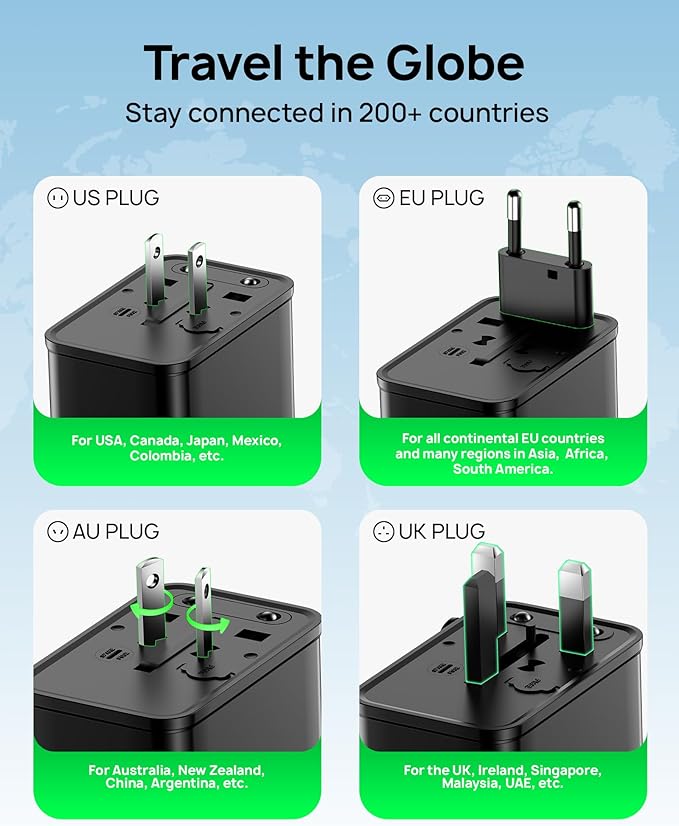 Tiny Universal Travel Adapter, 30W GaN Fast Charging International Power Adapter with 4 Ports (1 AC, 1 USB-A, and 2 USB-C), Plug Adapter with Smart Chip for Over 200 Countries, PD&QC Charger