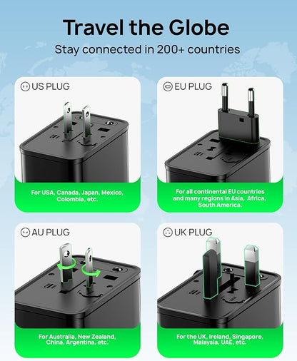 Tiny Universal Travel Adapter, 30W GaN Fast Charging International Power Adapter with 4 Ports (1 AC, 1 USB-A, and 2 USB-C), Plug Adapter with Smart Chip for Over 200 Countries, PD&QC Charger