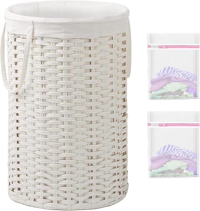 34.3 Gal (130 L) Large Laundry Hamper Laundry Basket Round Handwoven Wicker Laundry Baskets Rattan Laundry Basket with Removable Bag Handles 2 Mesh Bags for Living Room Bedroom White