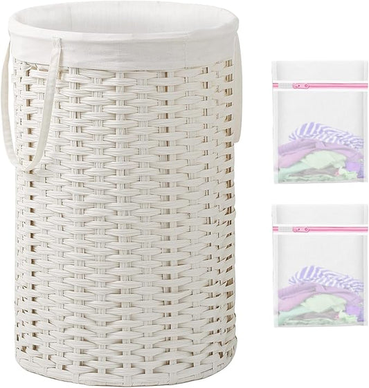 34.3 Gal (130 L) Large Laundry Hamper Laundry Basket Round Handwoven Wicker Laundry Baskets Rattan Laundry Basket with Removable Bag Handles 2 Mesh Bags for Living Room Bedroom White