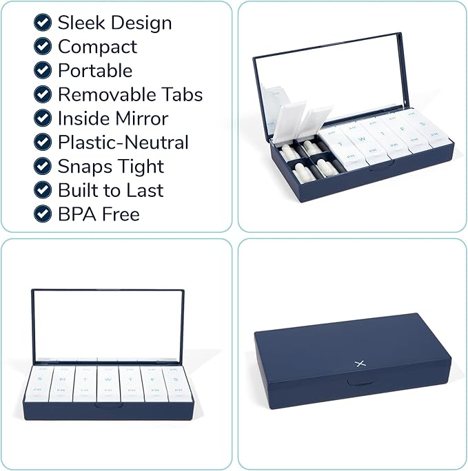 PORT X POLISH Designer Weekly Pill Box Organizer (Single 1X Daily, Navy) | Compact, Stylish 7-Day Vitamin Supplement Case | Cute Portable Mini Travel Medicine Carrier | BPA-Free Pillbox Caddy