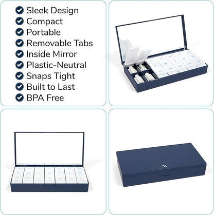 PORT X POLISH Designer Weekly Pill Box Organizer (Single 1X Daily, Navy) | Compact, Stylish 7-Day Vitamin Supplement Case | Cute Portable Mini Travel Medicine Carrier | BPA-Free Pillbox Caddy
