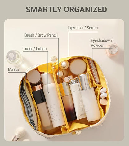 Aveniee Travel Makeup Bag for Women, Large Cosmetic Organizer with Open-Flat Design, Clear Divider & Handle - Waterproof PU Leather Toiletry Pouch