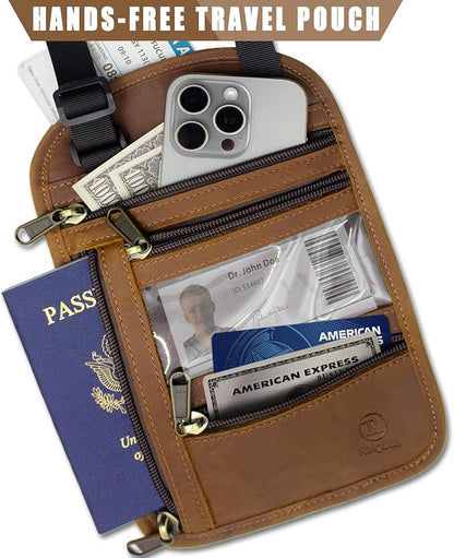 Ringsun Genuine Leather Passport Holder For Travel, RFID Blocking Slim Neck Wallet with Adjustable Strap for Women and Men, Travel Essentials to Keep Cash, Credit Cards and Documents Safe, Brown