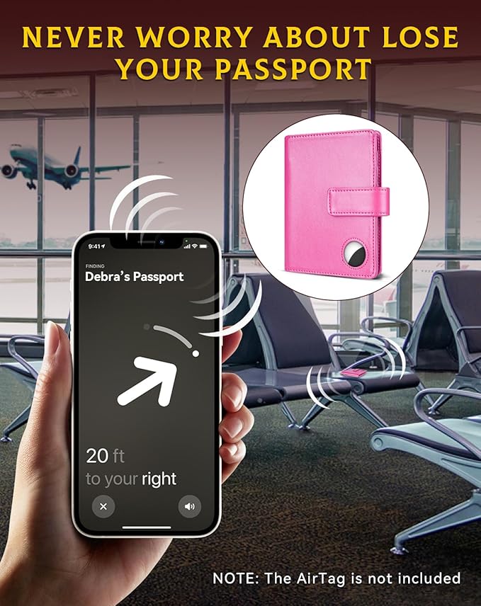 Passport Holder Wallet Cover Case for Women and Men,RFID Blocking,Passport Case with AirTag Holder,Travel Accessories (Pink)