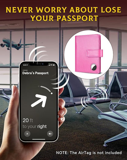 Passport Holder Wallet Cover Case for Women and Men,RFID Blocking,Passport Case with AirTag Holder,Travel Accessories (Pink)