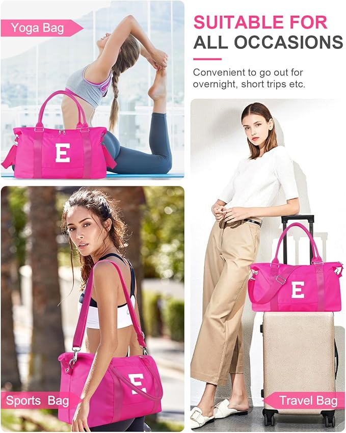 Overnight Bag for Kids Teen Girls Weekender Dance Bag Birthday Graduation Gifts,Initial Travel Duffel Bag Sports Gym Bag Personalized Weekender Bag Carry On Bags Preppy Gifts for Women(Hot Pink, E)