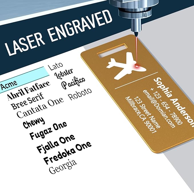 4 Personalized Metal Luggage Tags, Laser Engrave Name and Logo, Custom Aluminum Suitcase Tags with Steel Ring, for Travel, Backpack, Baggage (Golden)