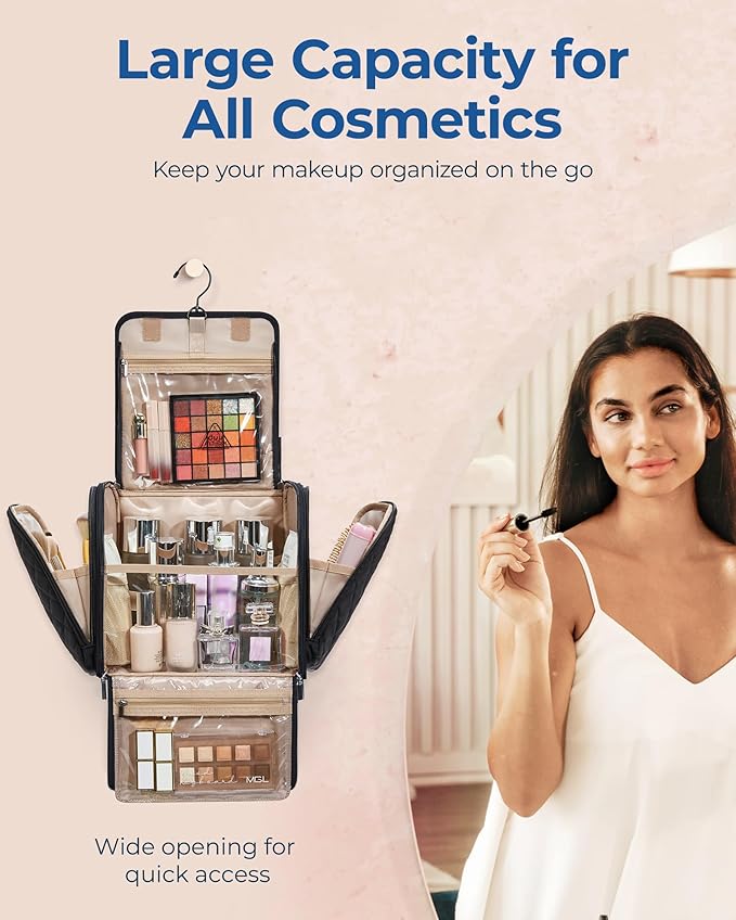 BAGSMART Hanging Travel Toiletry Bag, Large Capacity Water-resistant Cosmetic Organizer with Handle for Brushes Accessories, Black