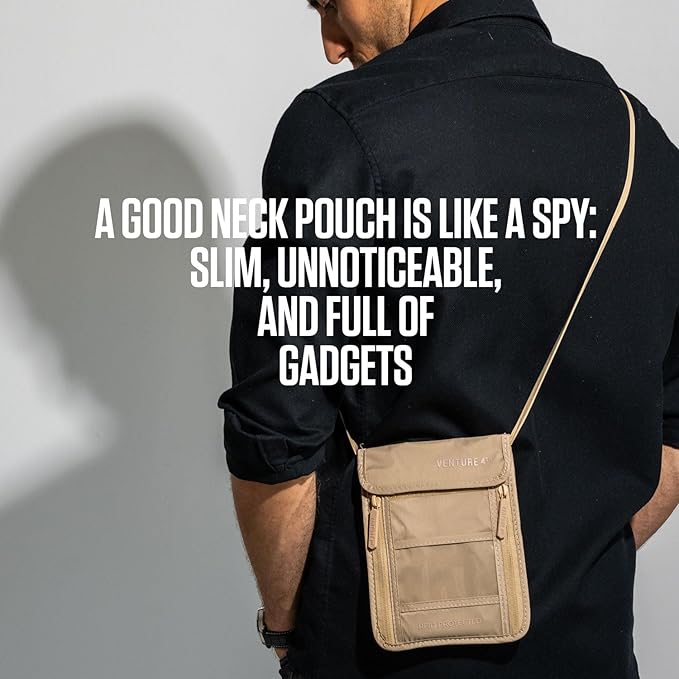 VENTURE 4TH Neck Wallet, RFID Blocking Passport Holder for Travel – Hidden Neck Pouch with 5 Compartments, Slim Lightweight Organizer with Adjustable Strap for Cash, Cards & Passport (Sleek Blue)