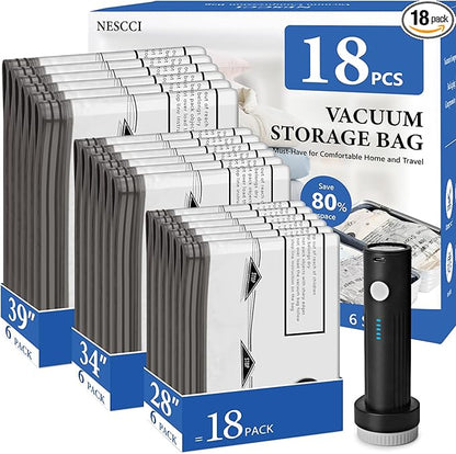 NESCCI Travel Vacuum Bags for Clothing with Rechargeable Wireless Air Pump,18 Pack Compression Seal Packing Bags for Luggage Suitcase,Carry-on Size Space Saver Vacuum Storage Bags