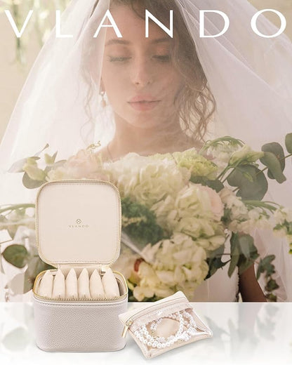 Vlando Travel Jewelry Case,Small Jewelry Box Organizer,Travel Jewelry Storage with 6 Velvet Jewelry Zipper Pockets, Birthday Gifts for Women Girls (White)