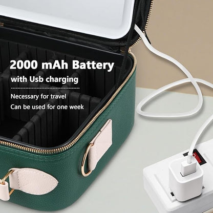 Travel Makeup Bag with Light Up Mirror, Portable Makeup Bag with Led Light Women Waterproof Makeup Travel Case adjustable dividers Rechargeable Vanity Mirror with 3 Color Lights (Green)