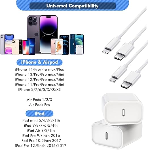 2Pack iPhone Fast Charger, Type C Charger Fast Charging Power Delivery Fast Charging Block Travel Plug with 2Pack Type C to Lightning Cable Cord Compatible with iPhone 14/14 Pro/13/12/11/X,iPad