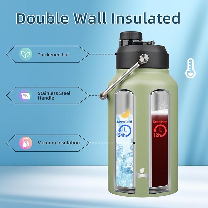 Jug with Handle,87 oz Insulated Water Bottle with Carrying Pouch, Double Wall Vacuum Stainless Steel Metal Bottle,Camp Green