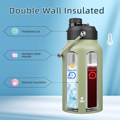 Jug with Handle,87 oz Insulated Water Bottle with Carrying Pouch, Double Wall Vacuum Stainless Steel Metal Bottle,Camp Green